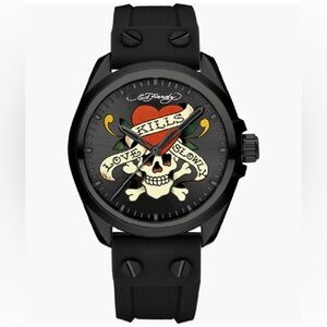 Ed Hardy Solid Black Strap with “Love Kills Slowly” Skull Watch
